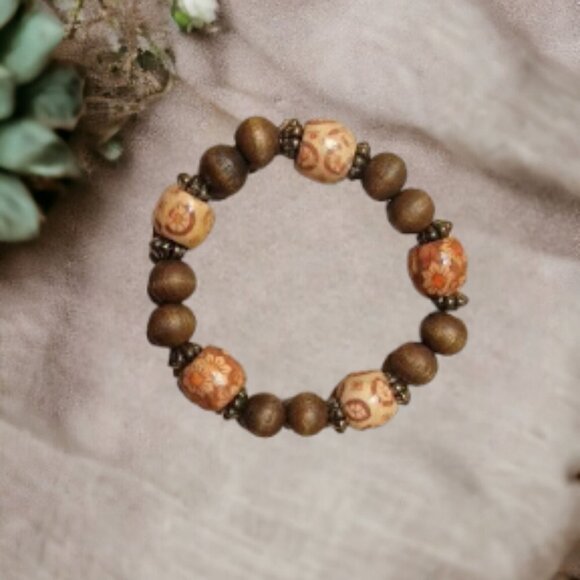 Wooden Bracelet and Earrings Set with Brass Spacers New - Picture 2 of 3